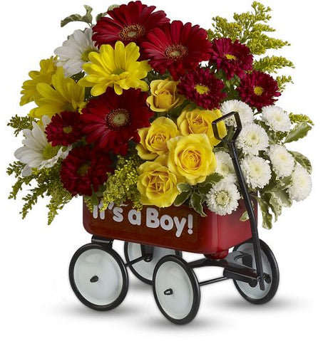 Teleflora Baby's Wow Wagon with yellow, red and white flowers for new baby Large