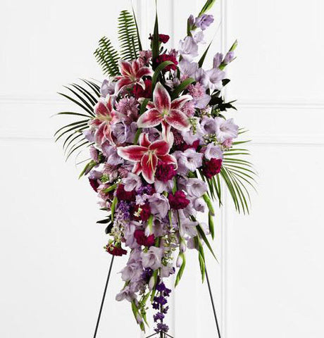 Tender touch funeral flower standing spray with purple gladiola