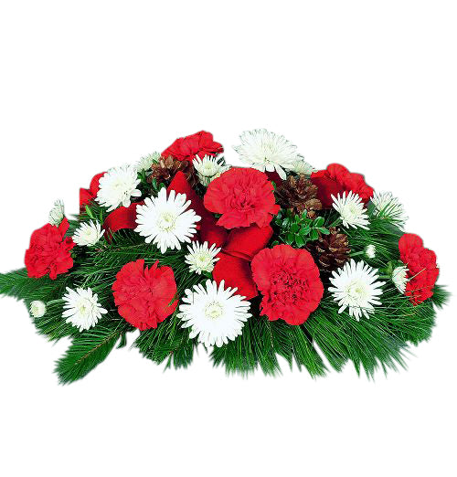 Traditional holiday centerpiece of red and white flowers with taper candles Small