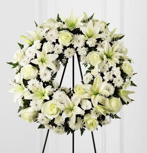 Treasured Tribute funeral flower wreath of all white flowers