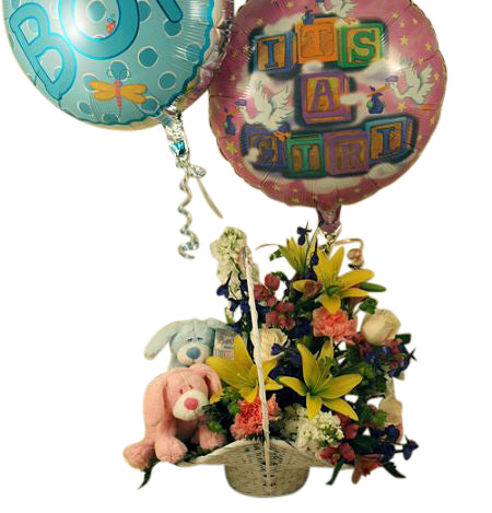 Flower arrangement for baby twins with stuffed animals and balloons