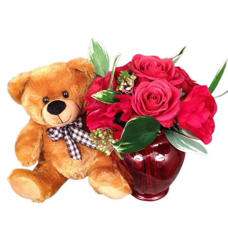 Artificial Silk Red Rose Arrangement in Vase with Teddy Bear