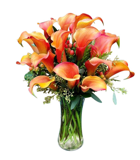 Autumn calla lilies with Fall accents in cylinder vase