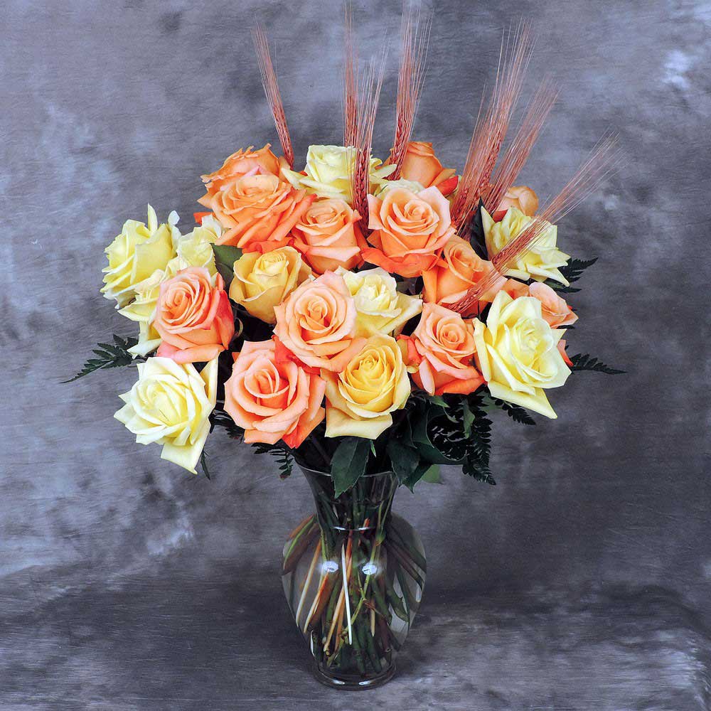 2 dozen fall colored roses in a clear vase