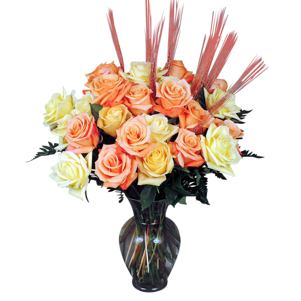 Autumn Rose Bouquet of yellow and orange roses with wheat accents 2 Dozen