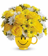 Teleflora Be Happy Yellow Smiley Face Mug with flowers Premium