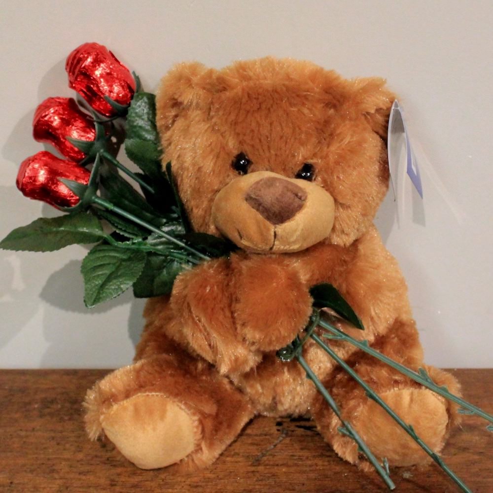 Beary Sweet plush bear with 3 chocolate roses