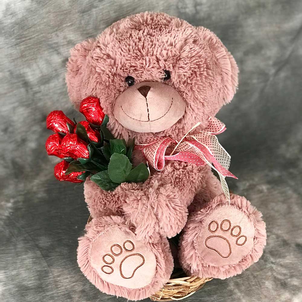 Beary Sweet plush bear with 6 chocolate roses