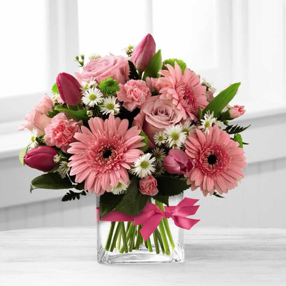 Blooming Visions Bouquet of assorted pink flowers in glass cube Medium