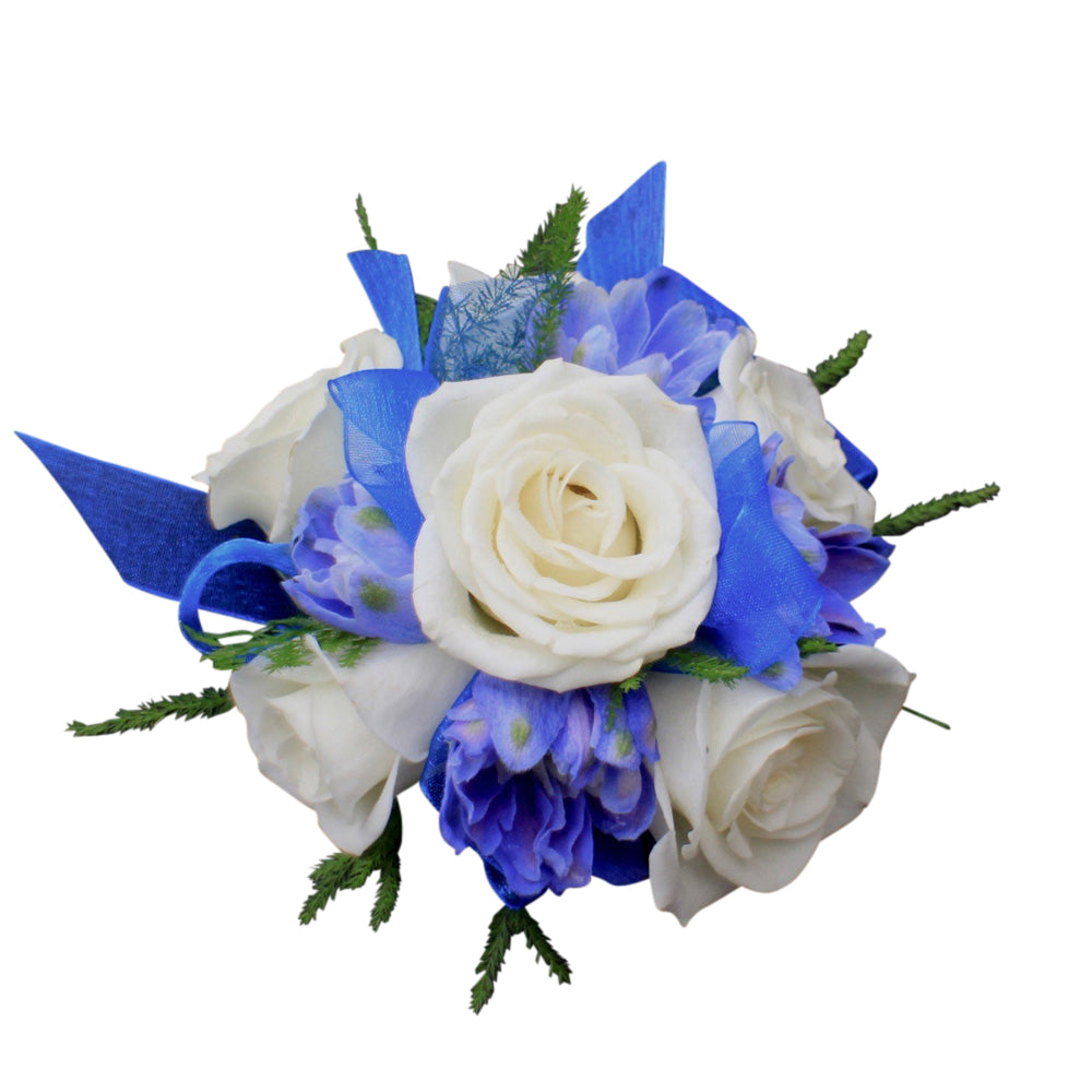 Blue and white flower prom corsage