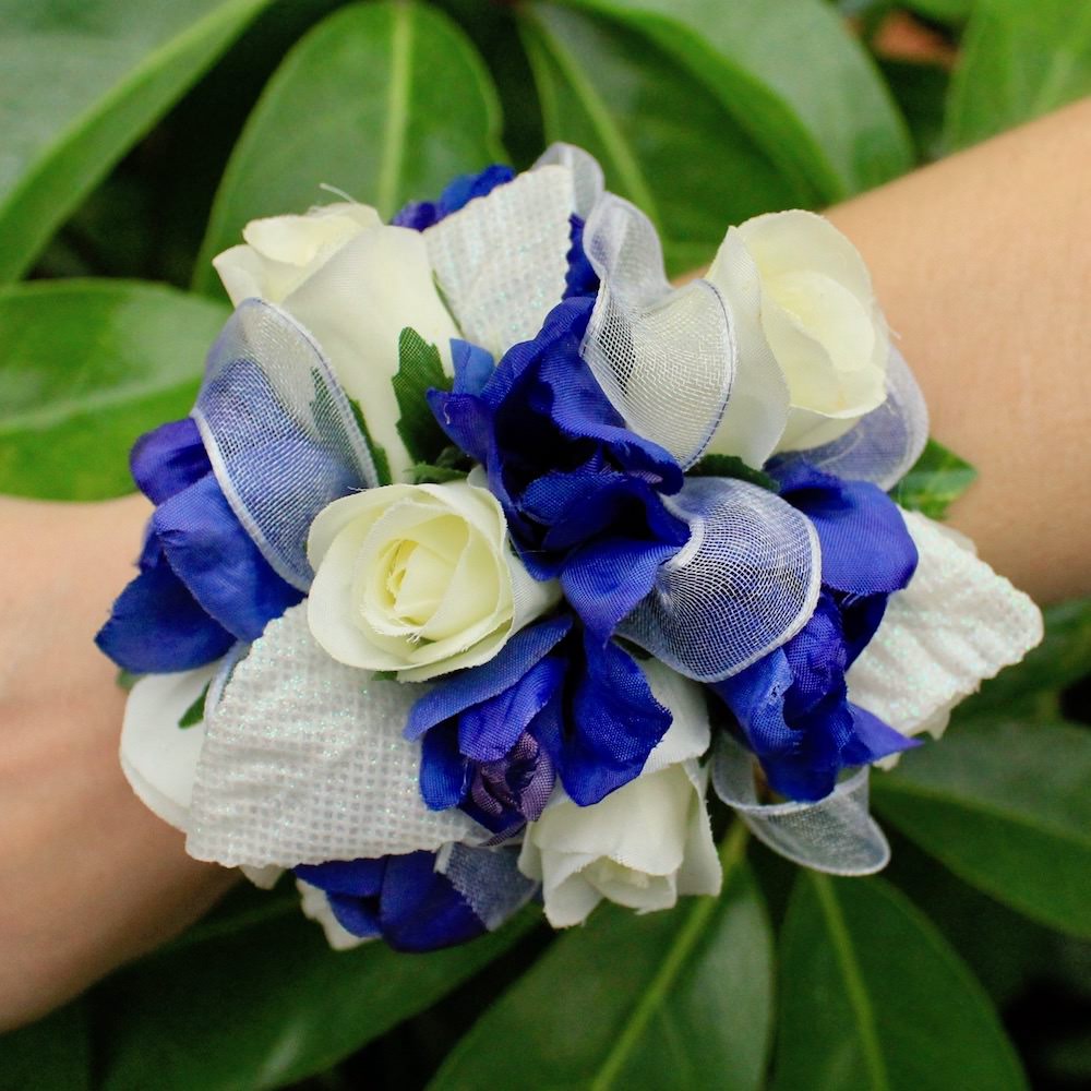 Blue and White Silk Flower Wristlet Corsage