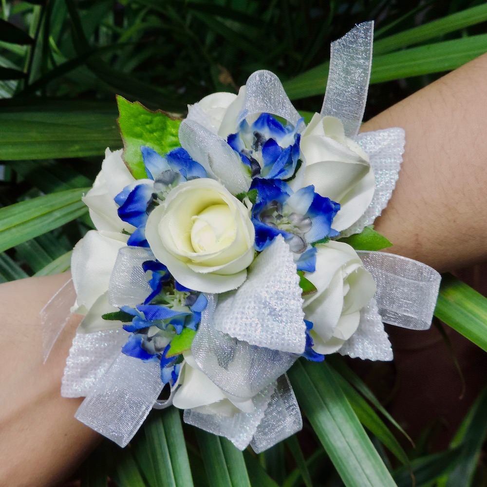 Blue and White Silk Flower Wristlet Corsage