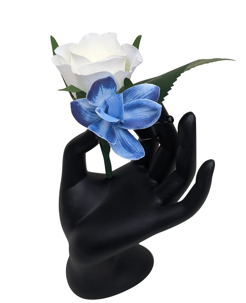 Blue and white silk flower boutonniere