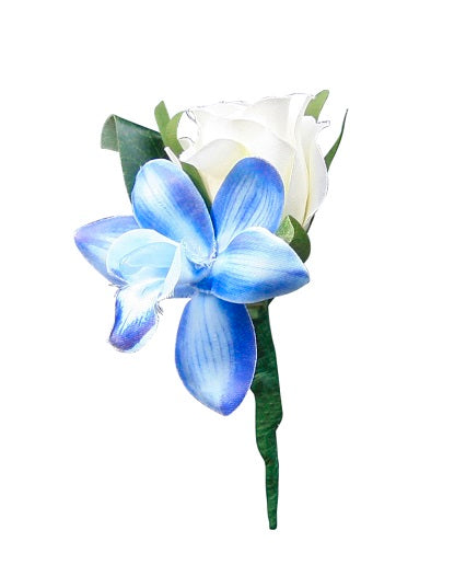 Blue and white silk flower boutonniere