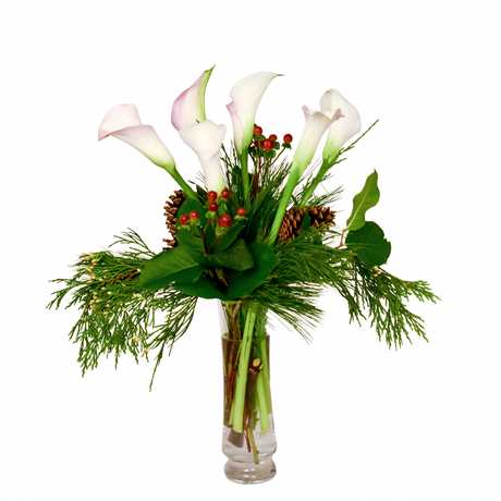 6 Christmas Calla lilies in cylinder case with pine cones and holiday accents