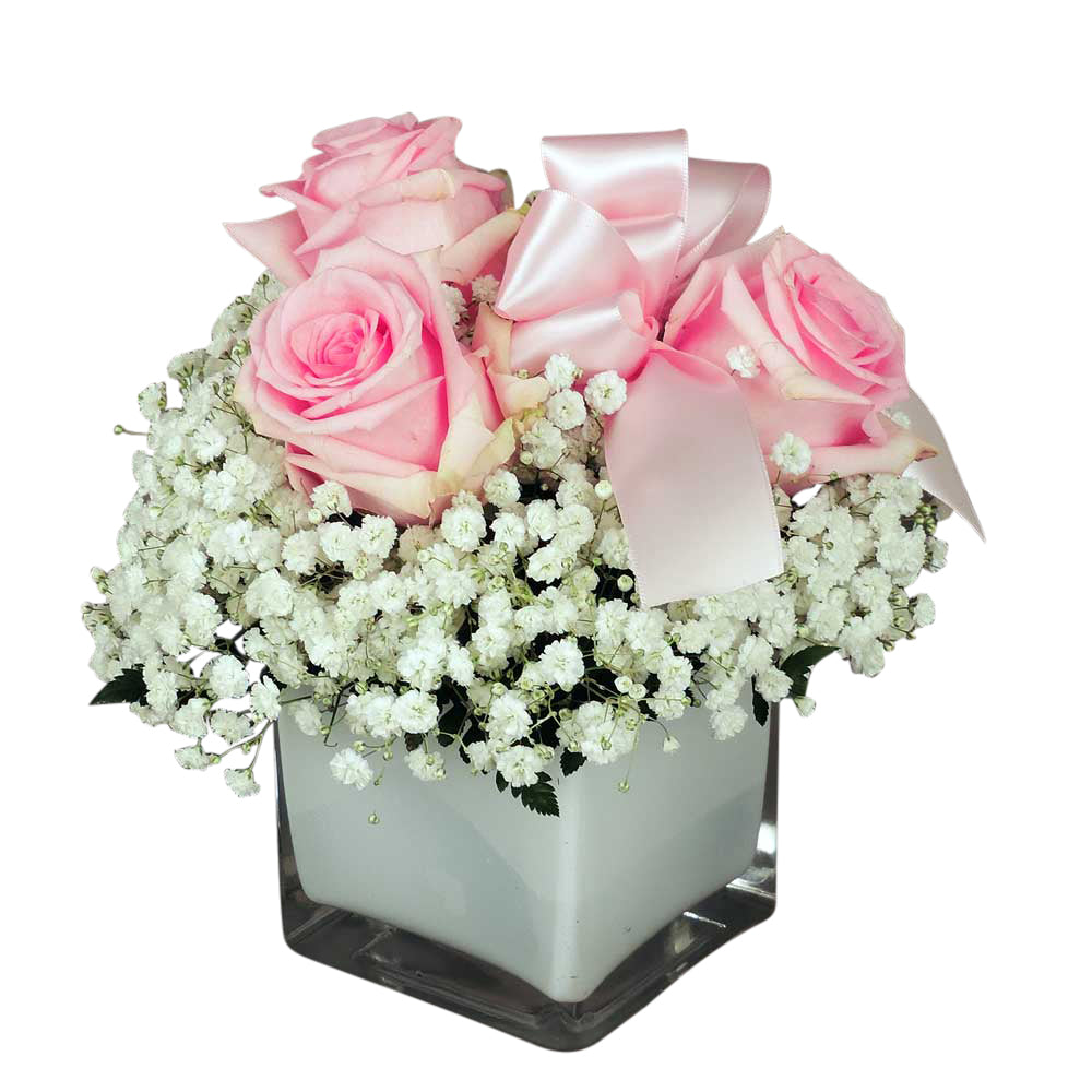 Pink rose and babies breath cube bouquet