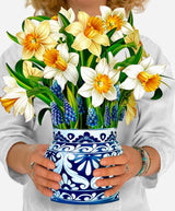 Daffodils Fresh Cut Paper Card in blue and white vase