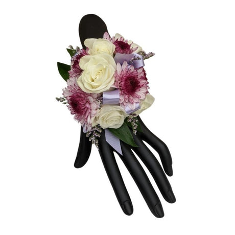 Spray rose and daisy corsage with ribbon