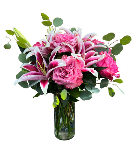 Graceful Wishes Bouquet of red roses with pink Peruvian lilies in Vera Wang vase Large