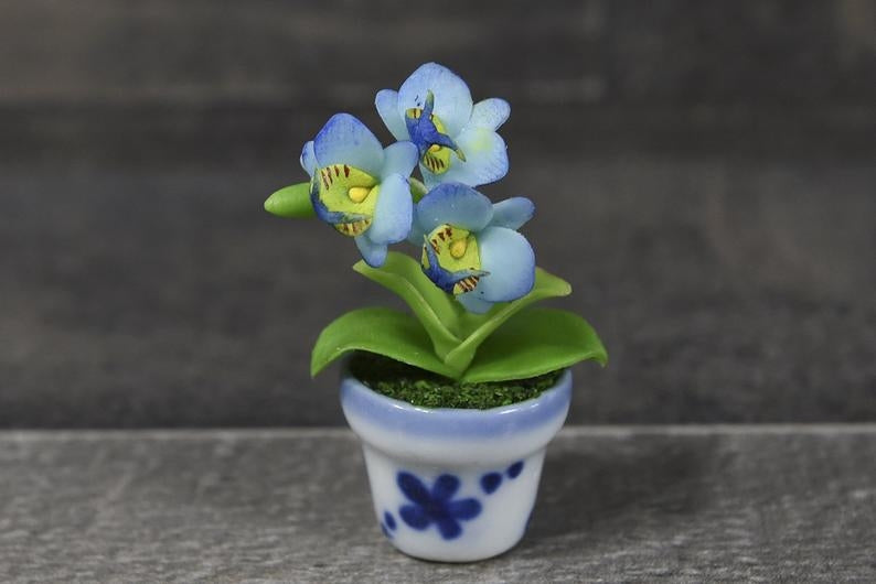 Handmade Mini Phalaenopsis Orchid in Pot- Blue