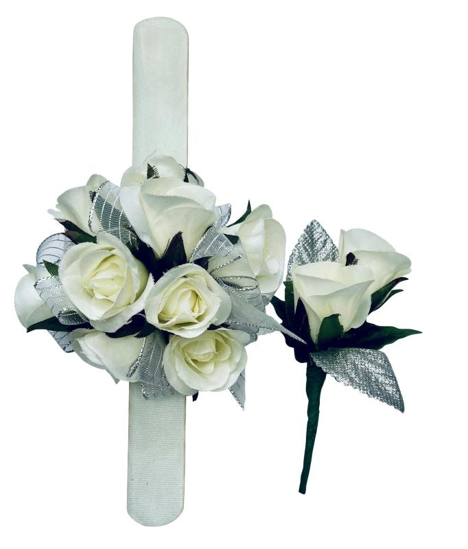 White and Silver Silk Flower Prom Combo