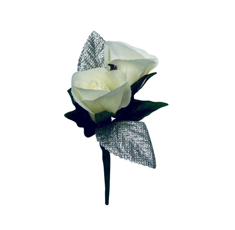 White and Silver Silk Rose Boutonniere