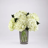 Ivory Hydrangea Bouquet in smoky gray glass vase Medium