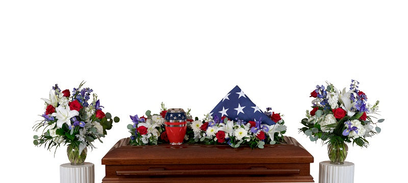 3 piece patriotic cremation funeral package with full S shaped garland