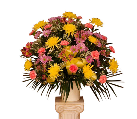 Mixed Flower Funeral Basket of yellow and pink flowers