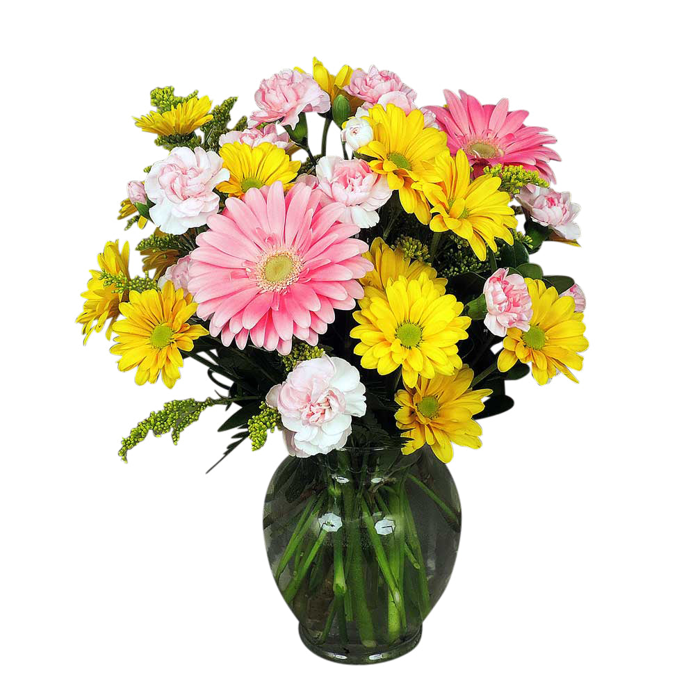 Pink and yellow daisies in vase with filler and greens Small