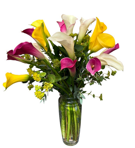 Modern mini calla flower arrangement in glass cylinder