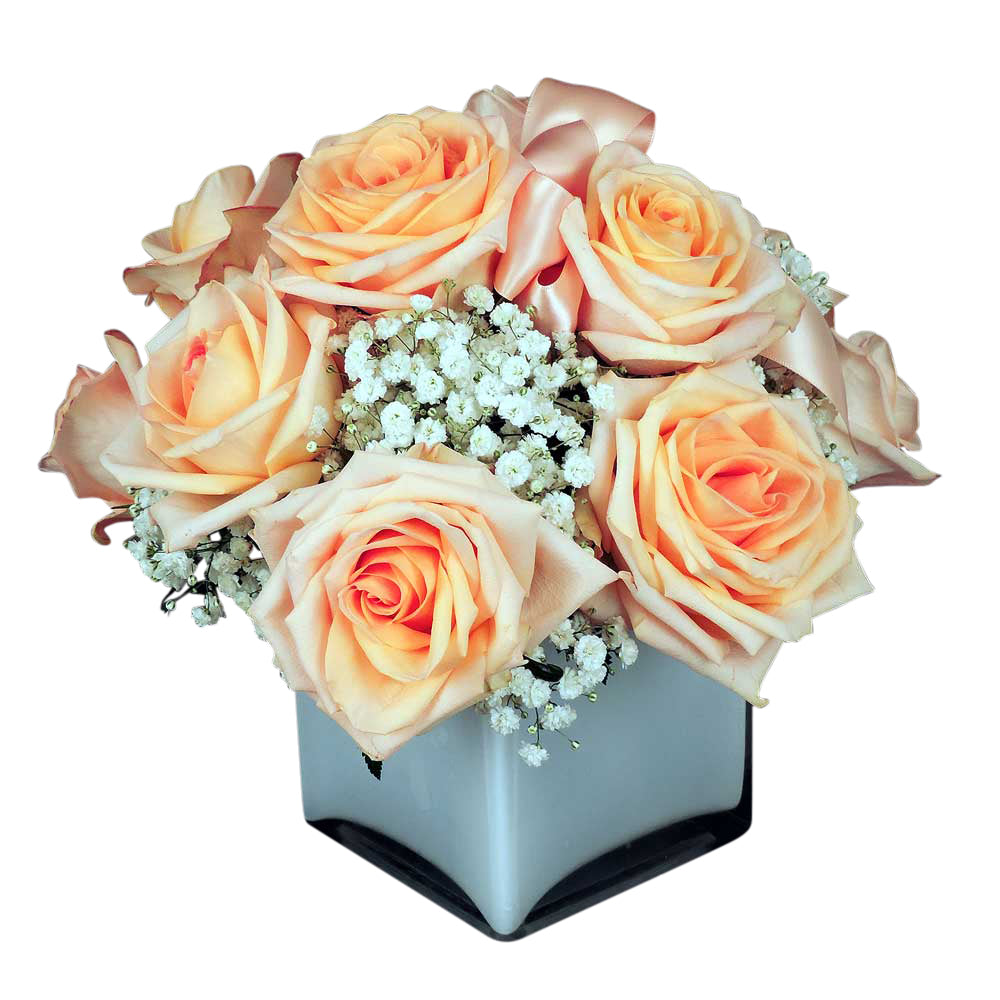 Peach rose and babies breath cube bouquet