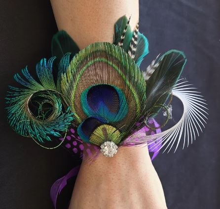 Peacock feather wristlet corsage