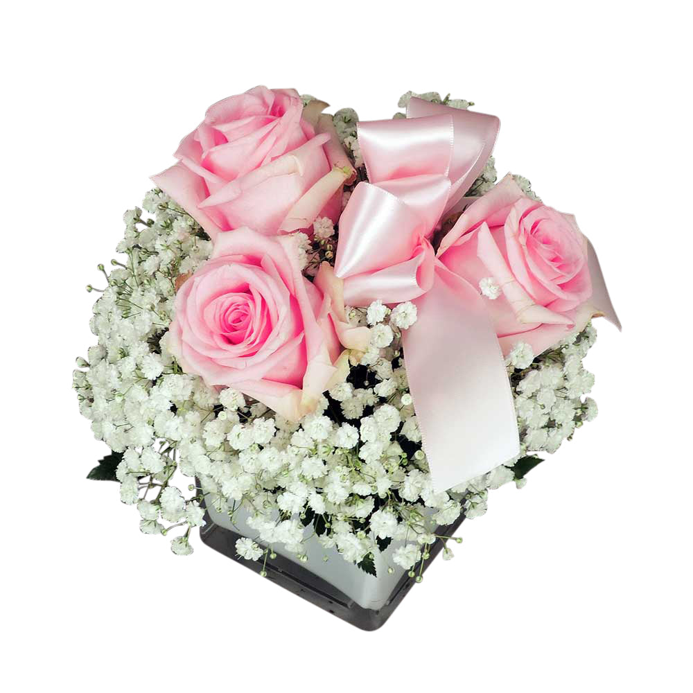 Top of pink rose and babies breath cube bouquet