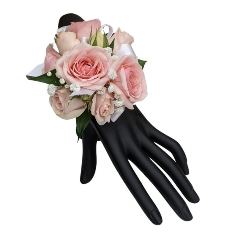 Spray rose wristlet corsage with rhinestone gems