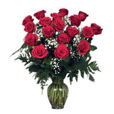 18 premium red roses arranged in a  vase with filler and greens