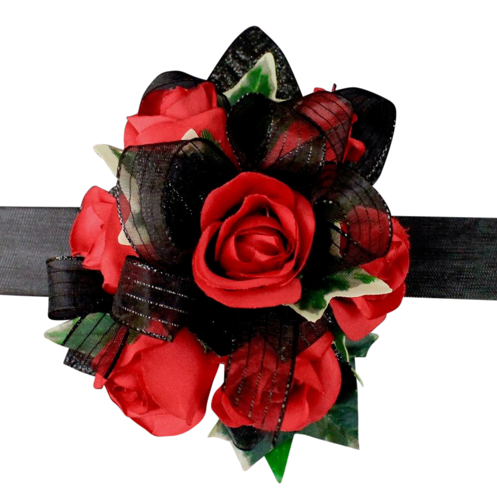 Red and black silk corsage on slap bracelet