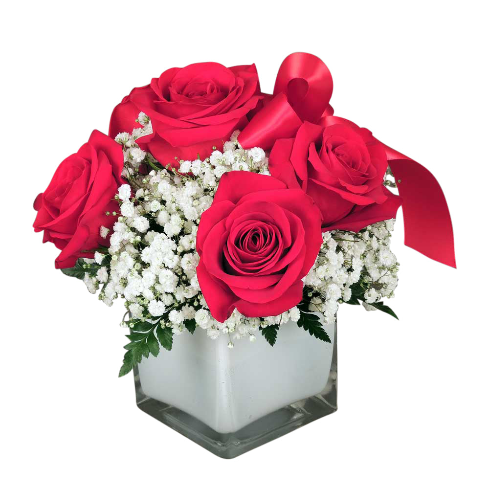 Red rose and babies breath cube bouquet