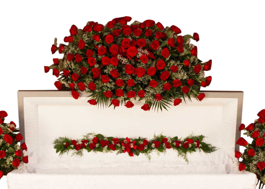 Dearly departed funeral flower half casket spray with all red roses