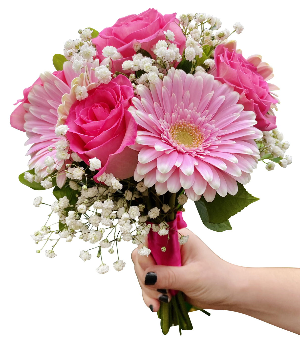 Gerbera daisy and rose clutch bouquet with babies breath