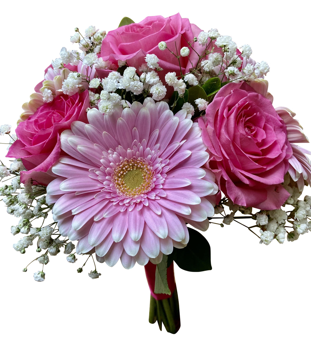 Gerbera daisy and rose clutch bouquet with babies breath