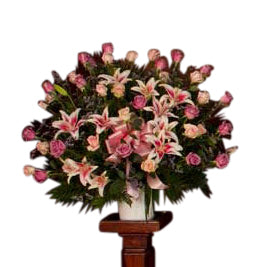 Roses and Lilies Funeral Basket in pink and white