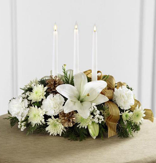 Seasons Glow Centerpiece of white flowers with gold accents Small