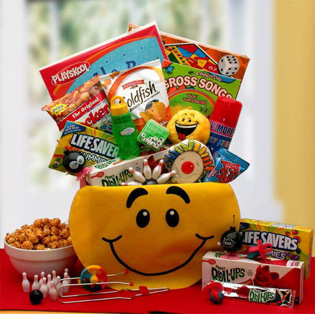 Sending Smiles Gift Basket with games and snacks