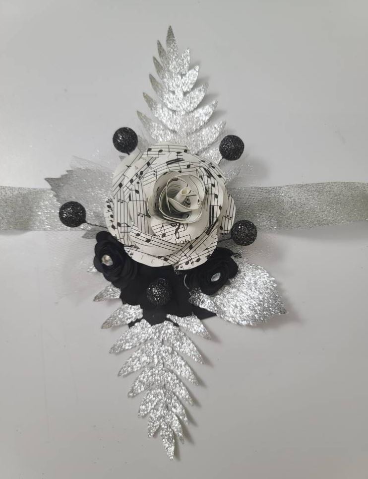 Black and White Sheet Music Rose Corsage