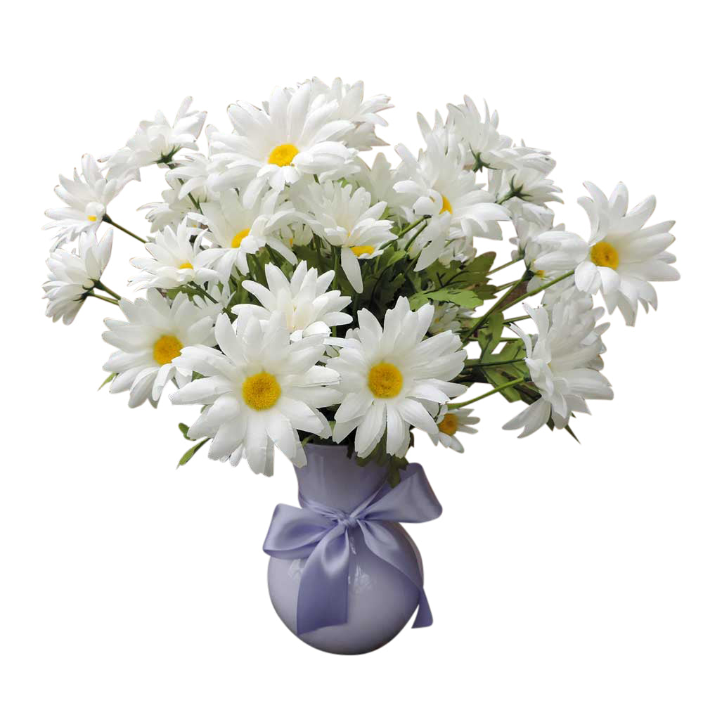 Silk white daisies in a lavendar vase