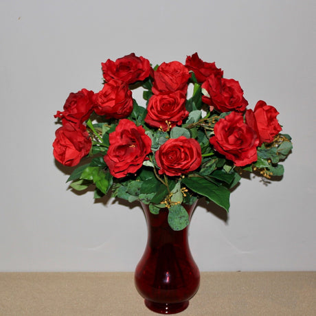 Dozen silk red roses in red vase