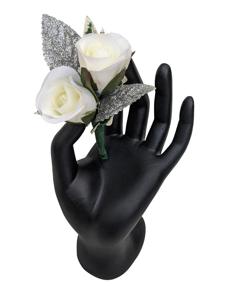 White and Silver Silk Rose Boutonniere