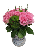 Pink Roses with greenery in no spill vase