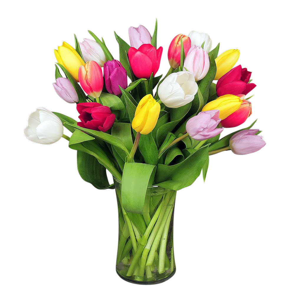 20 stems of asssorted color tulips arranged in a glass vase